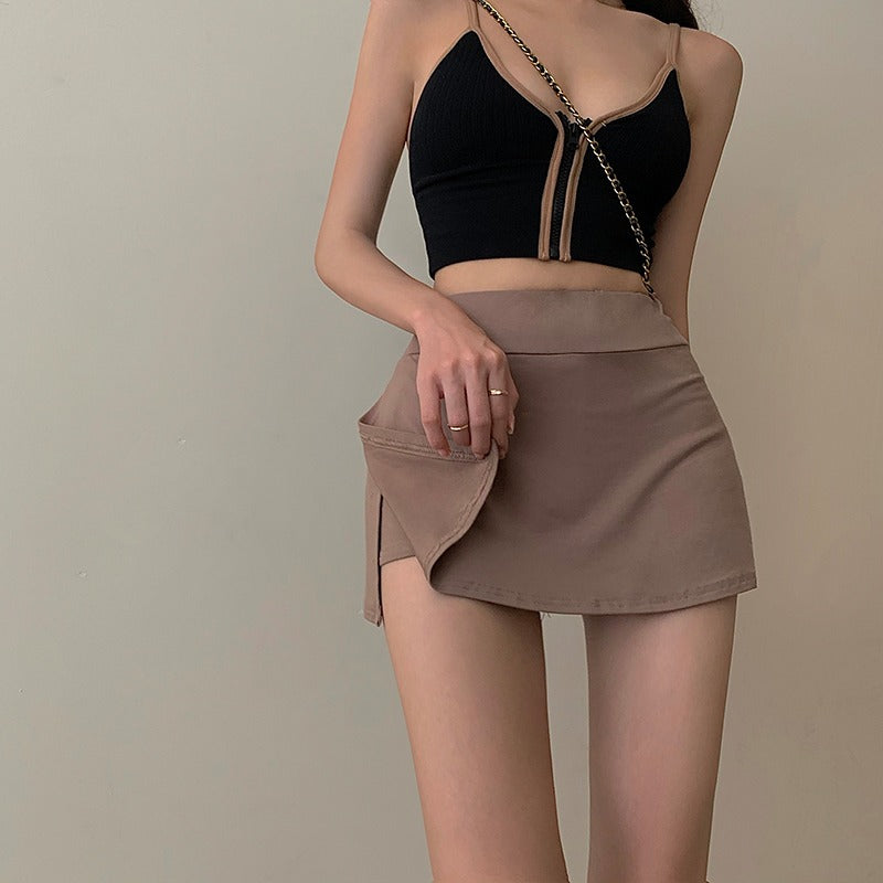 Zurück zum College Tennisrock Damen Hohe Taille Mädchen Enge Tasche Hüfte Kurzer Rock Sommer Sport Culottes Split A-Linie Minirock Y2K 