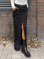 Schwarzer langer Rock für Damen, lässige Streetwear, hohe Taille, schlanke, figurbetonte Röcke, geteilter Damen-Basic-Gerade-Maxirock