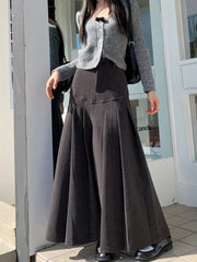 Grey Long Skirts Womens Maxi Skirt 2023 Autumn Winter Woolen Skirt Goth Lolita High Waist Ruffle Pleated Skirts