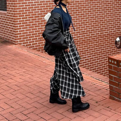 Fashion Vinage Black Plaid Skirts Y2k E-Girl High Waist Lace Uo Skirt for Women 2024 New Irregular All-match Faldas Mujer