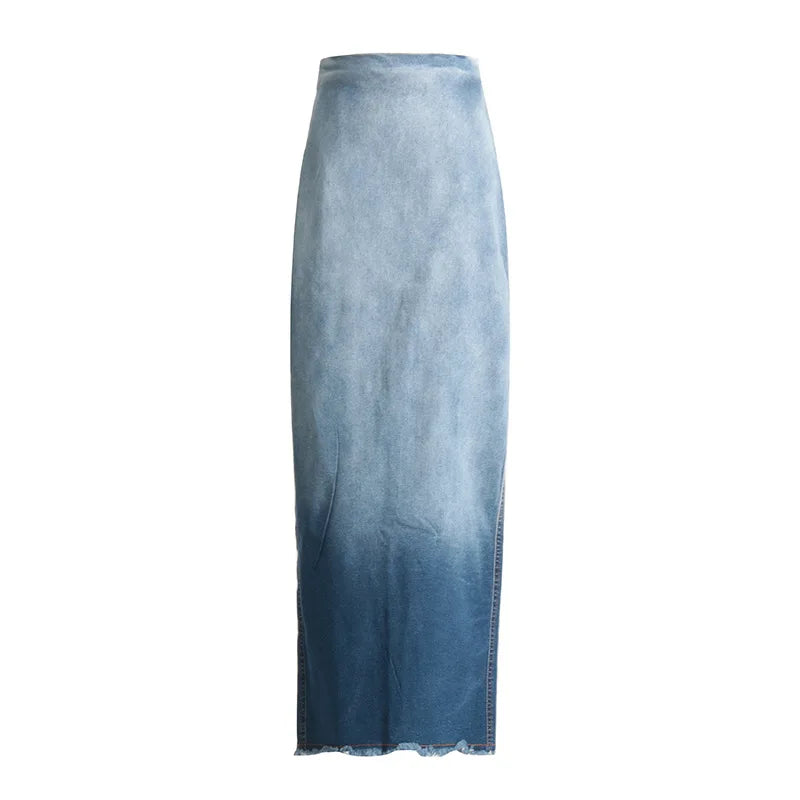 Blauer Y2k Rock Pocket Damen Jeans Design Schlitz Maxi Frühling Herbst Stretch Vintage Denim Club E-Girl Streetwear Röcke Langer Rock