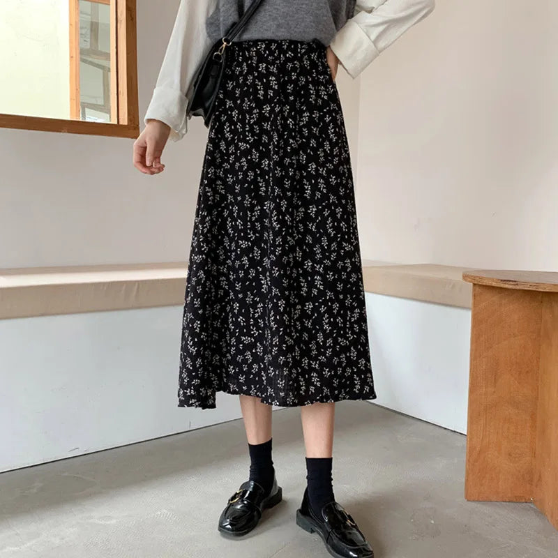 Vintage Floral Print A-line Pleated Long Skirts Summer Women 2024 Korean Skirt Streetwear Drawstring Elastic Waist Midi Skirt