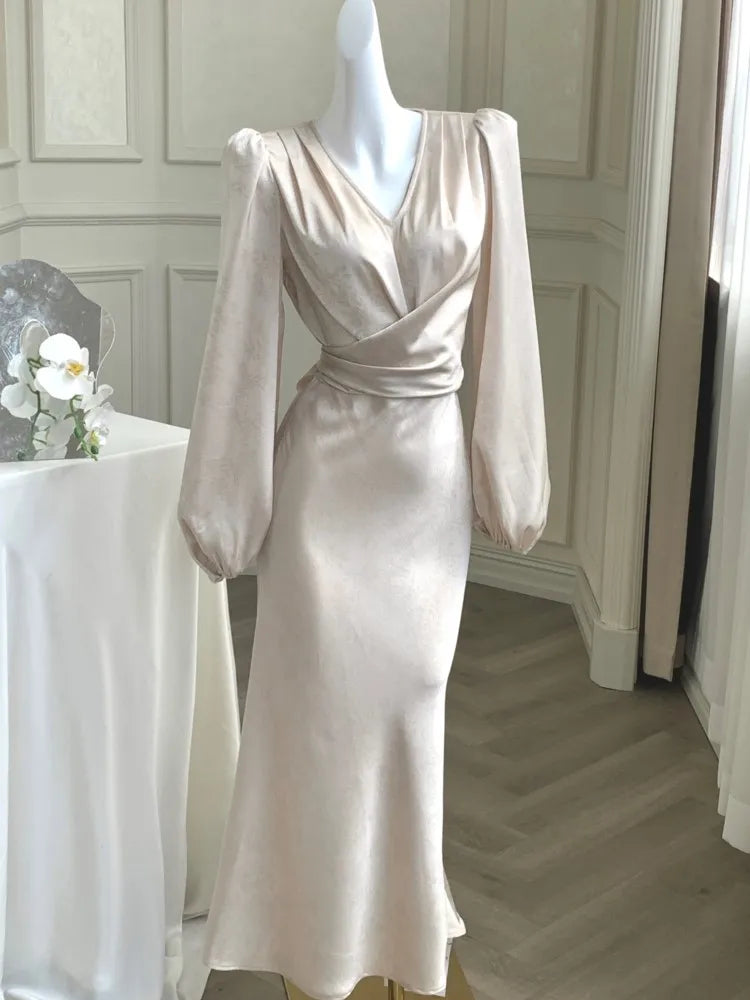 Elegante Satin-Midikleider für Damen, Laternenärmel, V-Ausschnitt, Schnürung, figurbetont, Meerjungfrau, Abendkleid, Partykleid, Robe, Herbst, Vestidos Neu
