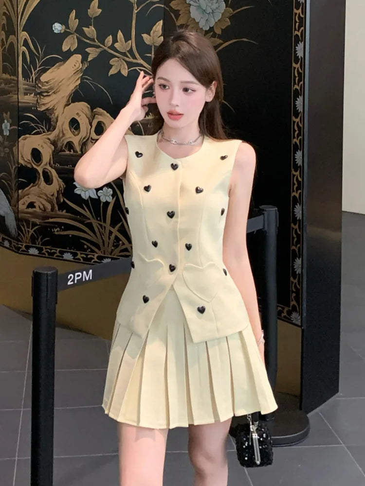 Hochwertige koreanische elegante Mode OL 2-teiliges Set Damen Blazer Weste Top + Faltenrock Zweiteilige Anzüge Kleines Duft-Outfit