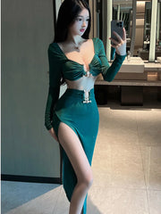 Unterwäsche Neue Sexy Trägerlosen Langen Ärmeln Ausgehöhlt Lange Zwei Stück Rock Set Bandage Off Schulter Top Mode Süße HS88