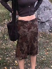 Harajuku Vintage A-Linie Midiröcke Gothic Grunge Ästhetischer Sommerrock mit niedriger Taille Damen Sommer Blumendruck