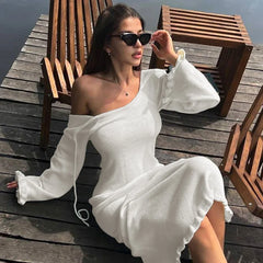 Elegant Knitted Sweater Maxi Dress Outfits For Women Flare Sleeve Sexy Backless Lace Up Dress Knitwear Party Clothes Lady