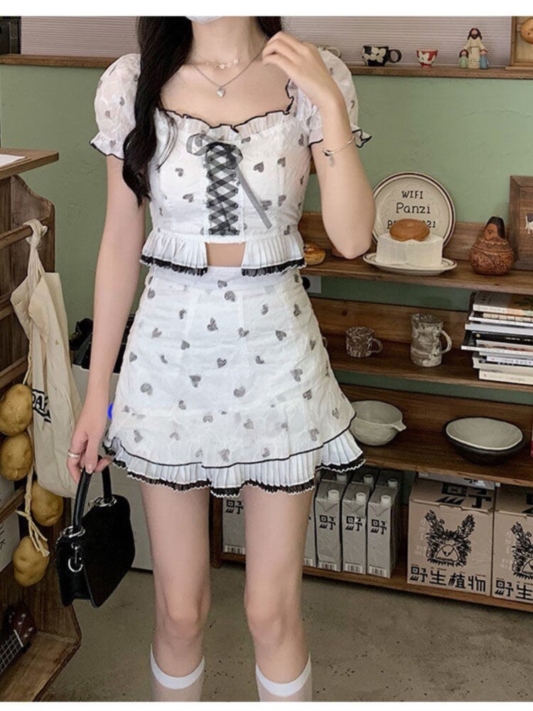 Frauen Midriff Puffärmel Kawaii Minirock Set Weibliche koreanische Mode Slim Fit Anzug Sommer Riemchenschleife Süßes Zweiteiler Set