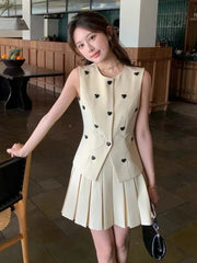 Hochwertige koreanische elegante Mode OL 2-teiliges Set Damen Blazer Weste Top + Faltenrock Zweiteilige Anzüge Kleines Duft-Outfit
