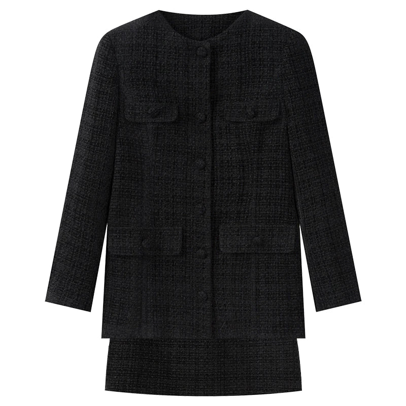 Elegantes Rock-Set, 2-teiliges Set für Damen, Langarm, O-Ausschnitt, Mantel, Minirock, modischer Anzug, Damenkleidung, Frühling/Herbst, Neu