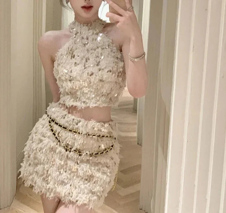 Spring Outfit Korean style Fashion Small Fragrance Sequins Two Piece Set Women Halter Top + Skirt Sets Summer Tweed Sweet 2 Piece Suits