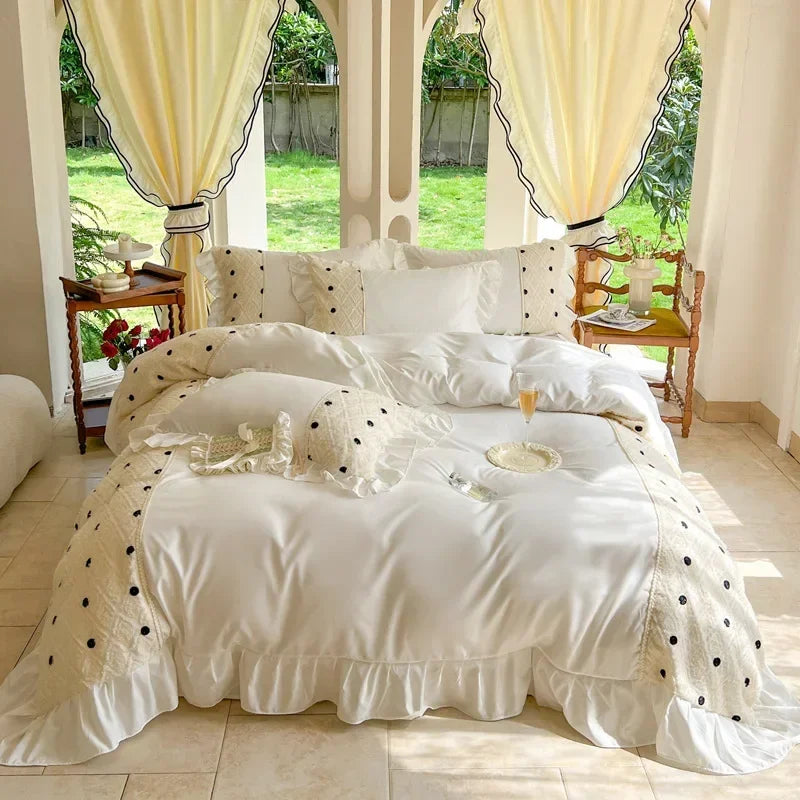 Korean Princess Style Chiffon Bedding Set 100% Cotton Elegant King Size Duvet Cover Set with Sheets Quilt Cover and Pillowcases