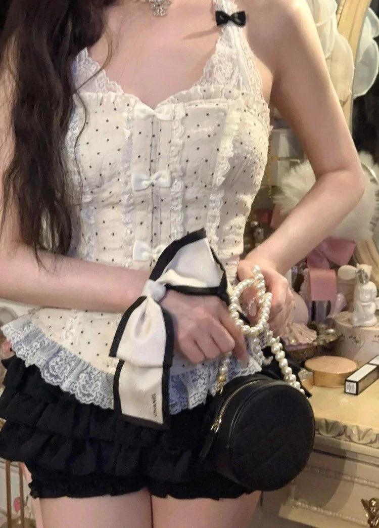 Elegante Süße Bogen Spitze Patchwork Leibchen Tops Frauen + Y2k Mode Geraffte Rüschen Röcke 2024 Sommer Neue Zwei Stück Sets