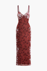 Floral Print V-neck Mesh Adjust Strap Maxi Dress