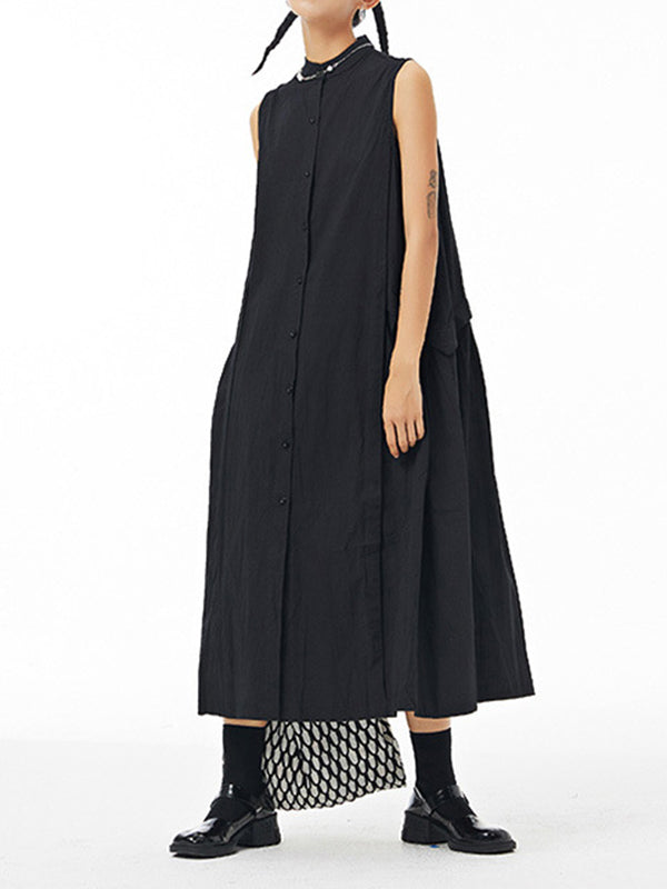Pleated Solid Color Loose Sleeveless Stand Collar Shirt Dress Midi Dresses