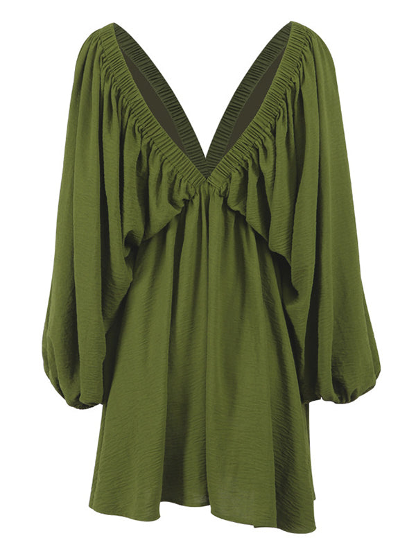 Long Sleeves Loose Elasticity Solid Color V-back Deep V-Neck Mini Dresses