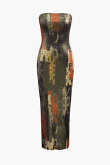 Abstract Print Strapless Maxi Dress