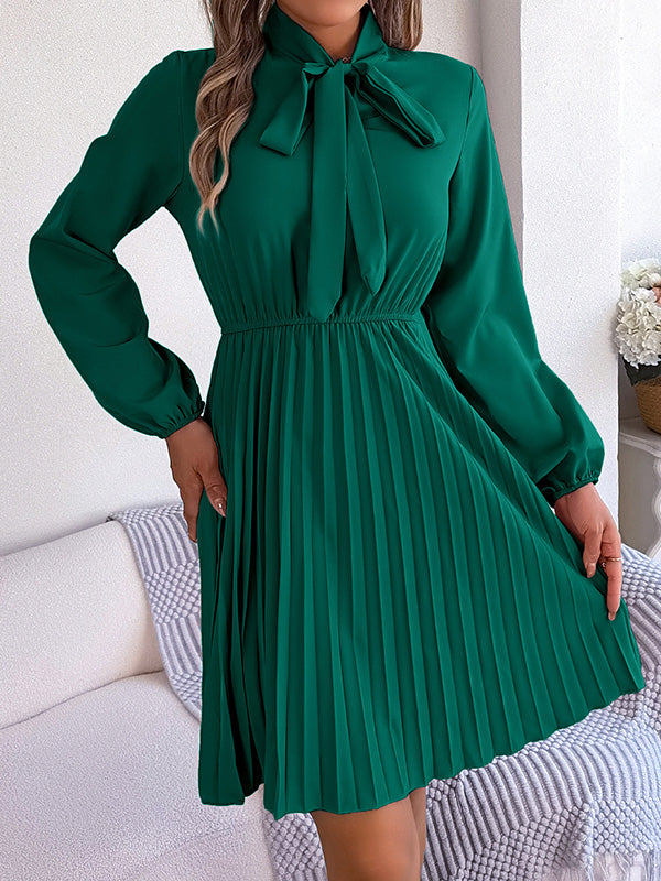 Pleated Solid Color Tied Long Sleeves Loose Mock Neck Mini Dresses