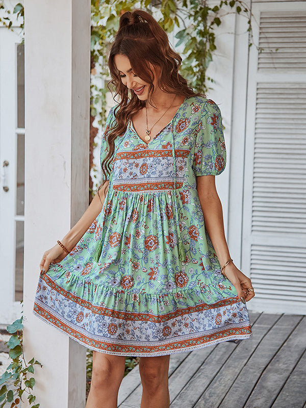 Bohemia High Waisted Floral V-Neck Dress