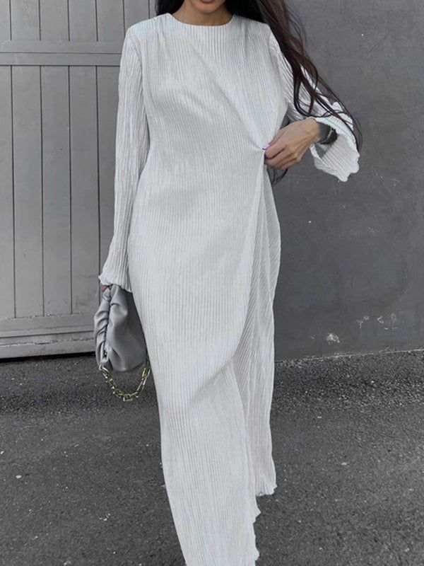 Long Sleeves Loose Pleated Solid Color Round-Neck Maxi Dresses