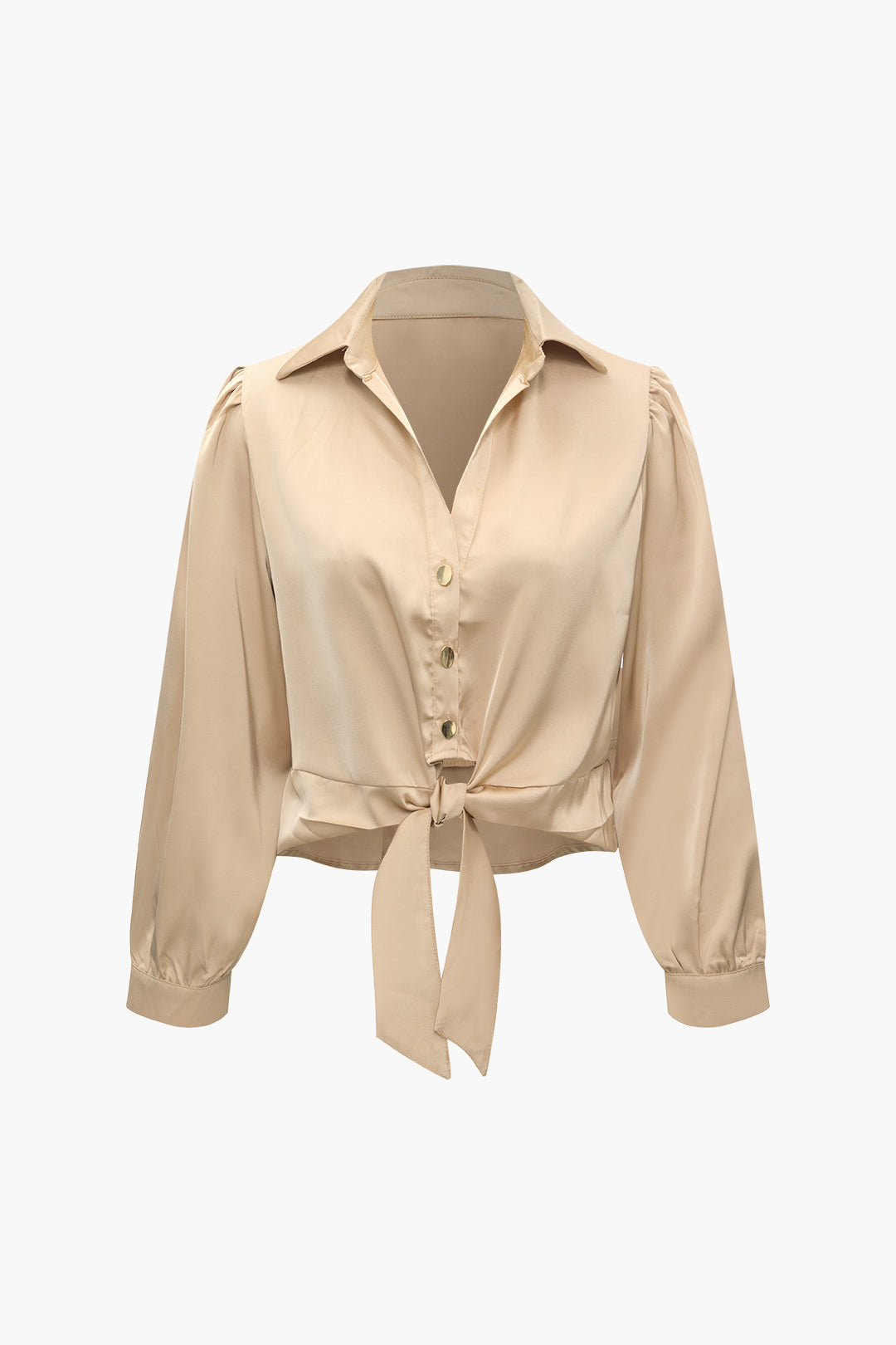 Knot Hem Satin Long Sleeve Shirt