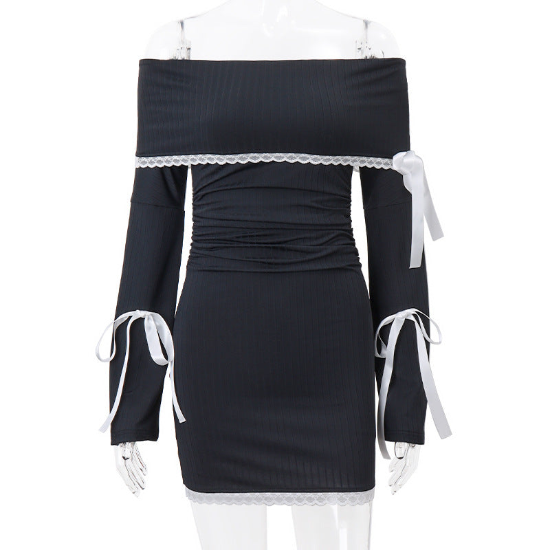 Lace Splice Mini Dress For Women Bandage Sexy Off The Shoulders Slim Ribbing Dresses Ladies Casual Bodycon Dress WomanChristmas Gifts