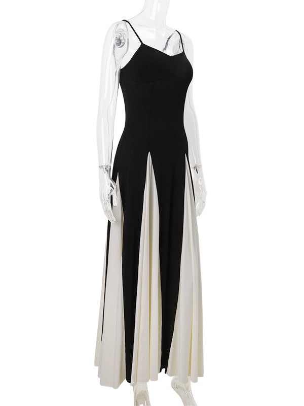 High Waisted Sleeveless Backless Contrast Color Pleated Split-Joint Spaghetti-Neck Maxi Dresses