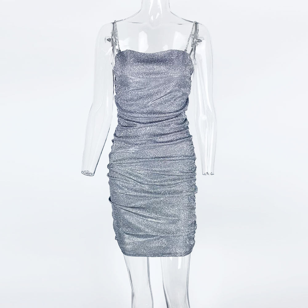 Sparkly Party Dress Women Rhinestone Straps Pleated Sexy Bodycon Mini Dresses Elegant Ladies Sleeveless Evening VestidosChristmas Gifts