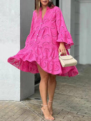 A-Line Flared Sleeves Buttoned Hollow Solid Color Split-Joint V-Neck Mini Dresses