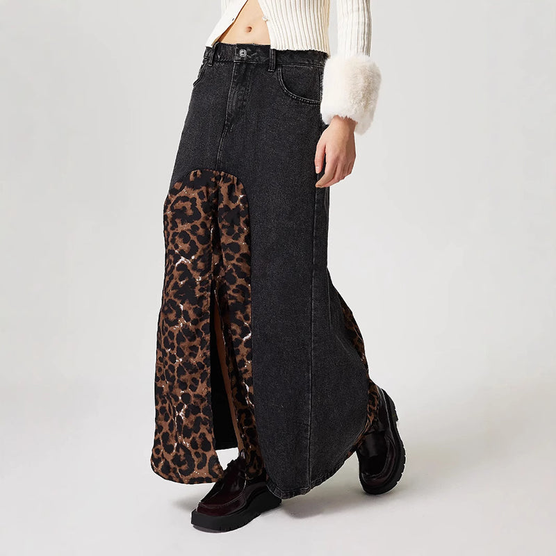 Leopard Splice Denim Rock Für Frauen Herbst Neue Streetwear Vielseitig Midi Rock Hohe Taille Slit Print Lady Fashion Rock 