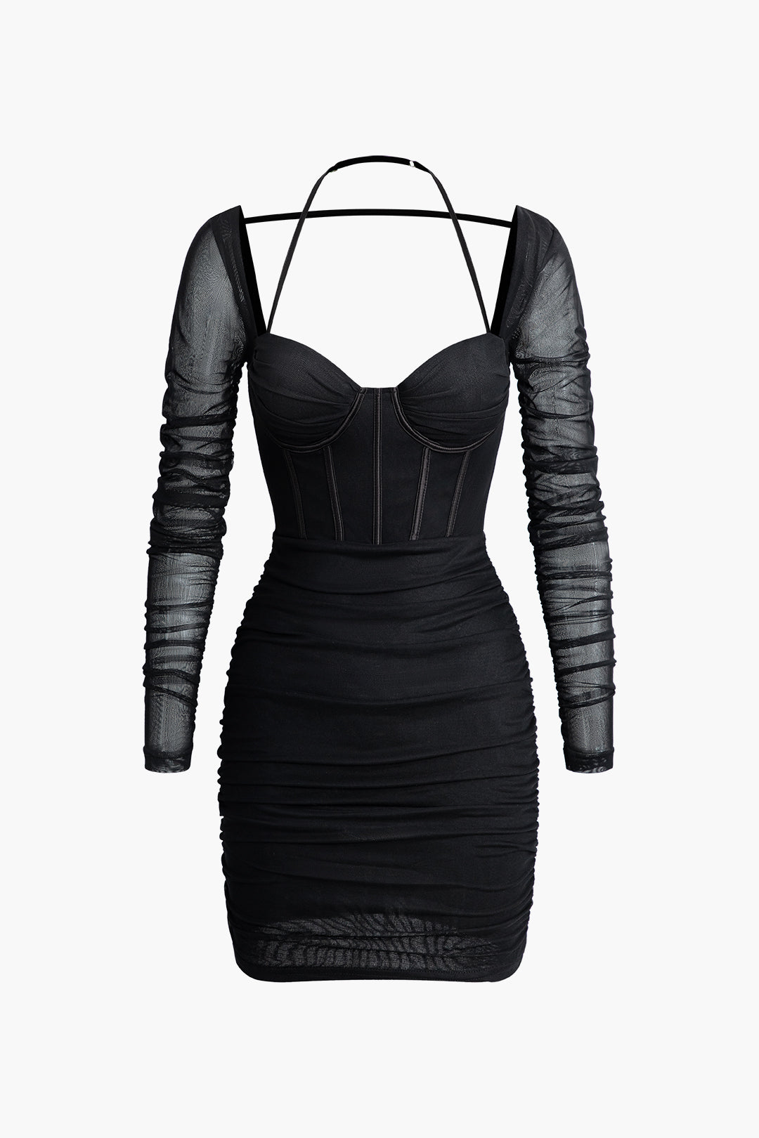 Gerüschtes Neckholder-Bustier-Minikleid aus Netzstoff mit Bindeband 