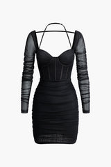 Gerüschtes Neckholder-Bustier-Minikleid aus Netzstoff mit Bindeband 
