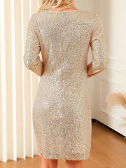 Bodycon Long Sleeves Pleated Sequined Shiny Zipper Round-Neck Mini Dresses