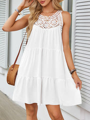 Loose Sleeveless Hollow Pleated Solid Color Split-Joint Round-Neck Mini Dresses