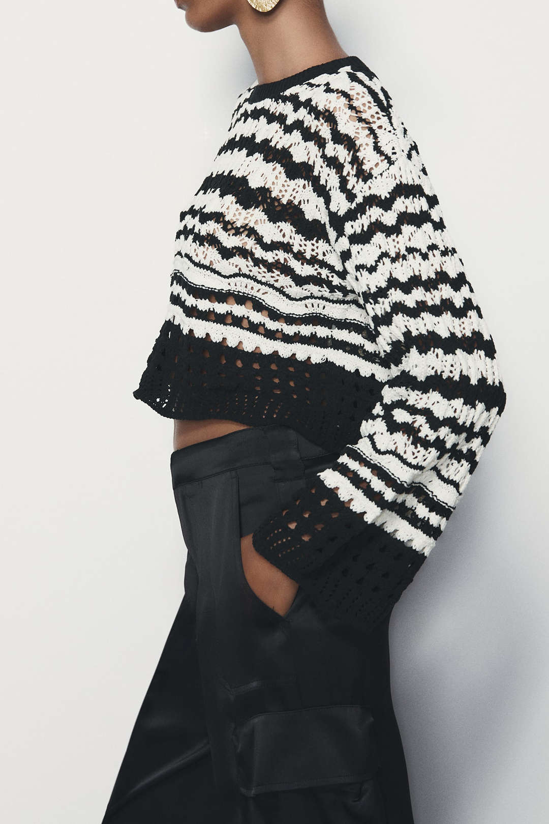 Stripe Round Neck Open Knit Crop Top