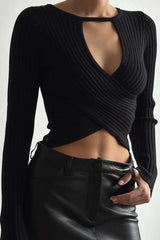 Cross Front Cut Out Rib Knit Long Sleeve Crop Top