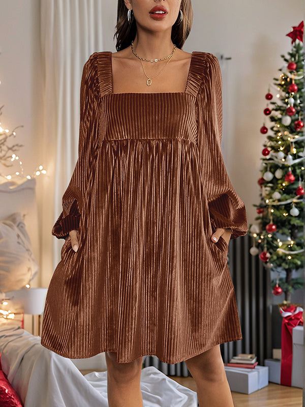 A-Line Long Sleeves Pleated Shiny Solid Color Tied Velvet Square-Neck Mini Dresses