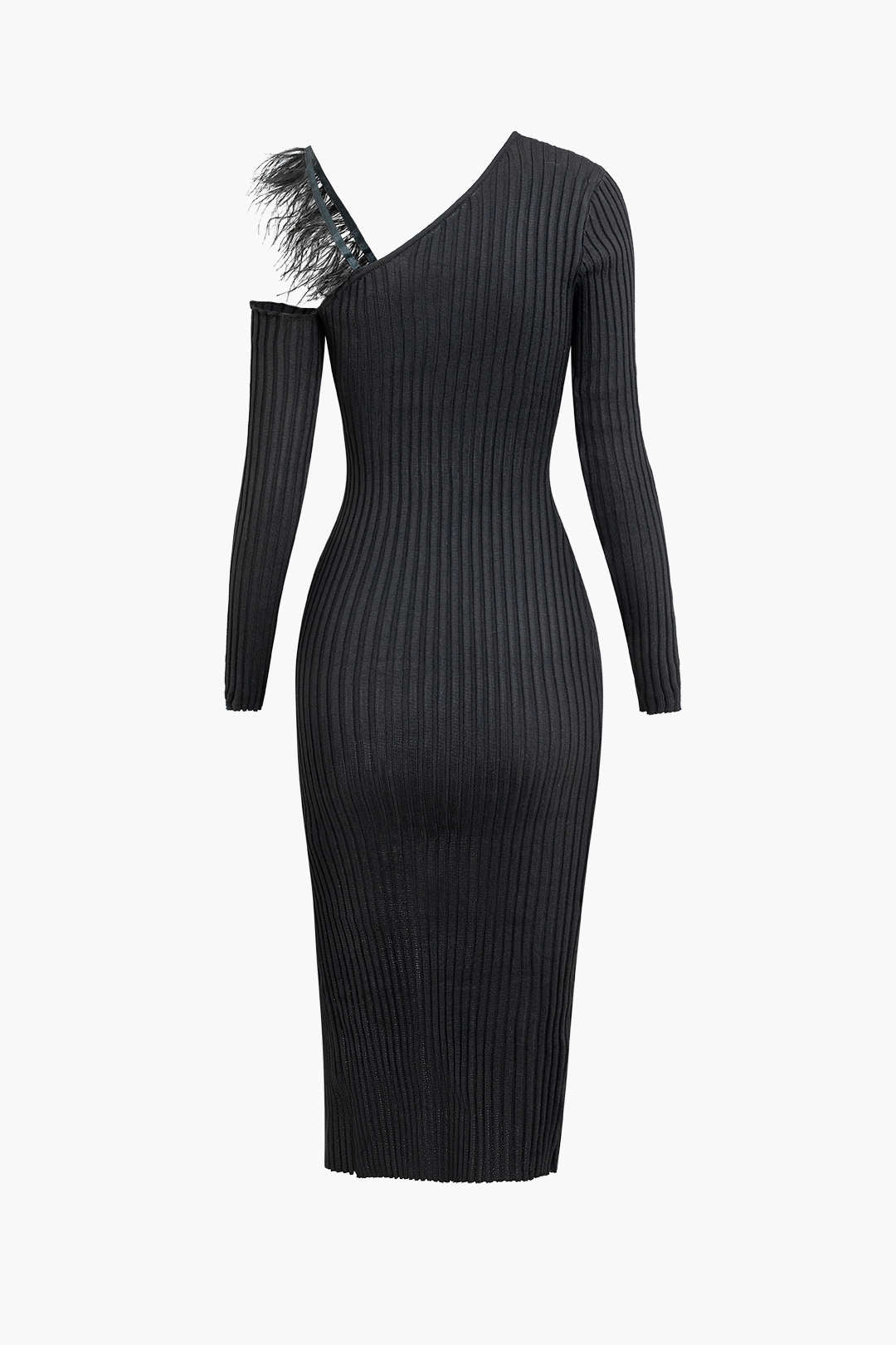 Asymmetrical Feather Detail Long Sleeve Slit Knit Midi Dress