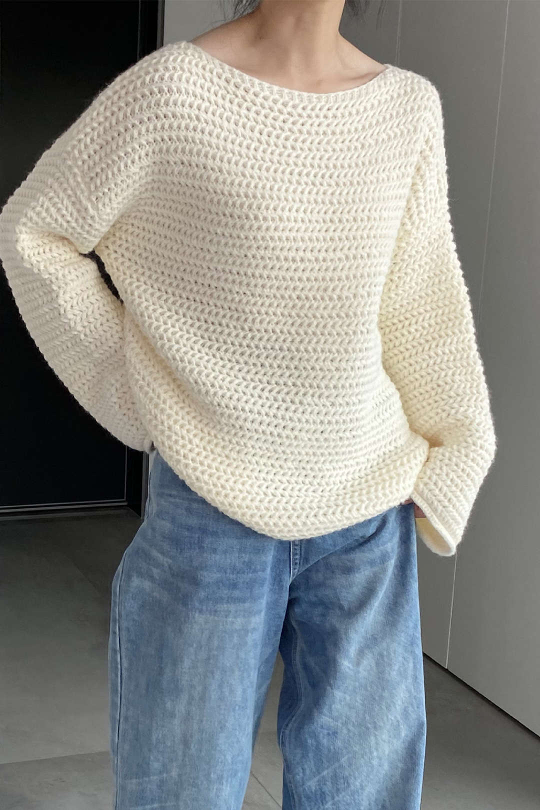 Boat Neck Long Sleeve Open Knit Sweater