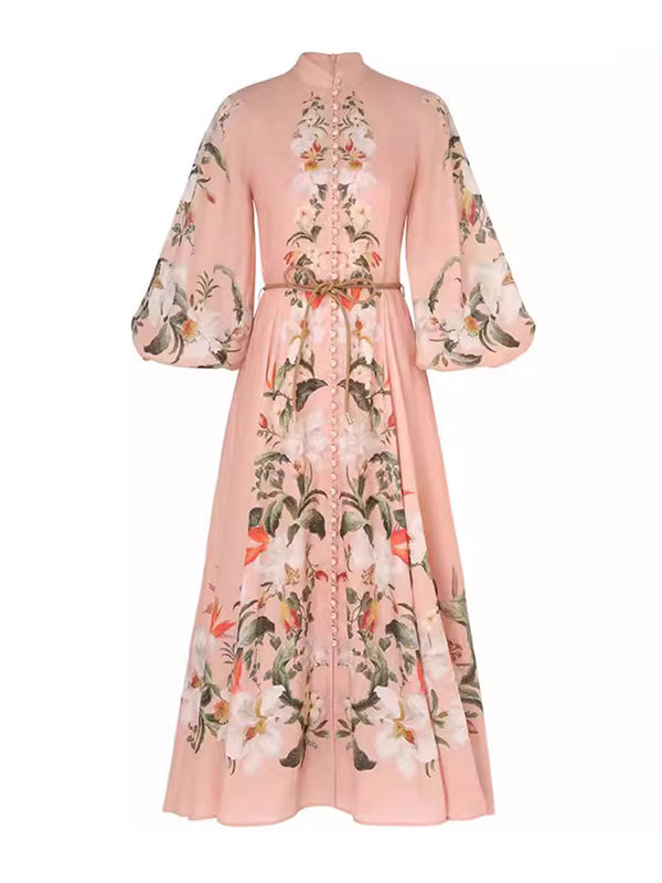 Flower Printed Long Sleeves Elegant Maxi Dresses