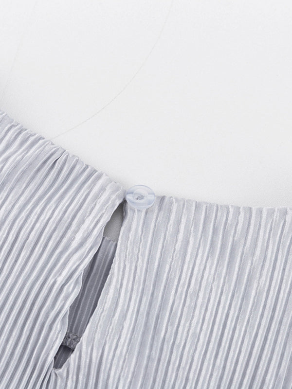 Long Sleeves Loose Pleated Solid Color Round-Neck Maxi Dresses