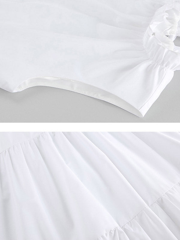 Pleated Ruffled Solid Color Split-Joint A-Line Loose Round-Neck Shirt Dress Mini Dresses