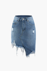 Frayed Hem Asymmetric Denim Skirt