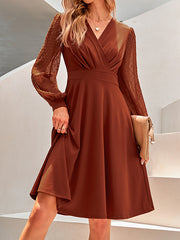 A-Line Long Sleeves Gauze Pleated Split-Joint V-Neck Midi Dresses