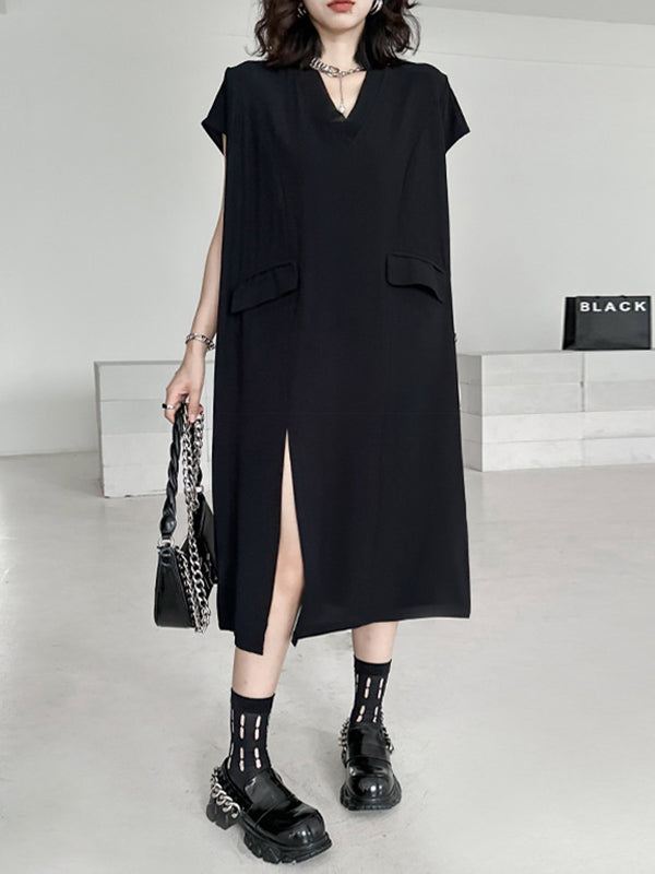 Loose Short Sleeves Asymmetric Solid Color Split-Joint Split-Side V-Neck Midi Dresses