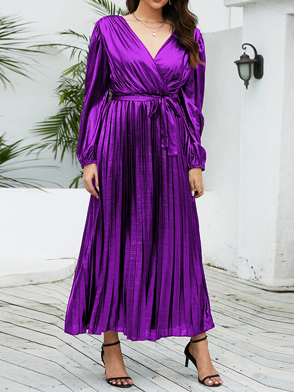 High Waisted Long Sleeves Bronzing Elasticity Pleated Solid Color Tied Waist Deep V-Neck Maxi Dresses