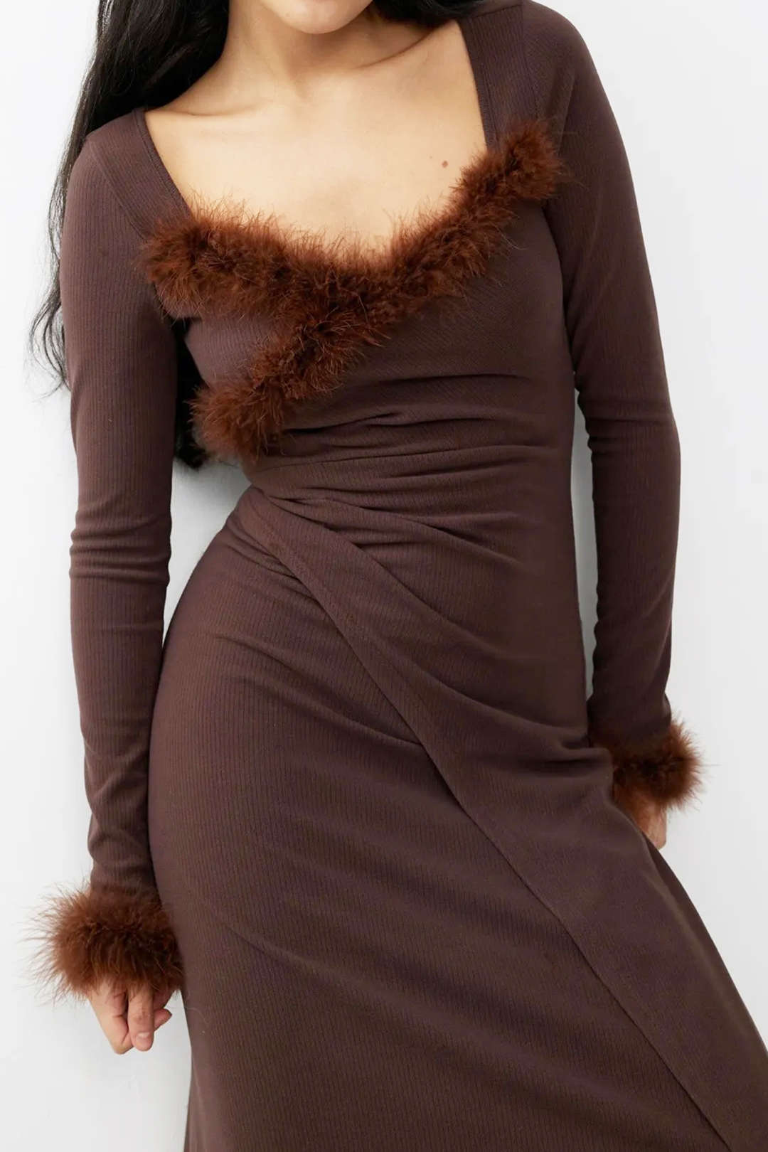 Faux Fur Trim Wrap Ruched Pleated Midi Dress