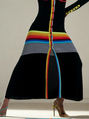 Buttoned Contrast Color Striped Long Sleeves Skinny Lapel Shirt Dress Maxi Dresses