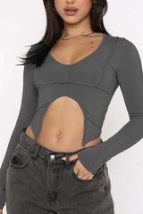 V-neck Seam Detail Long Sleeve Crop Top