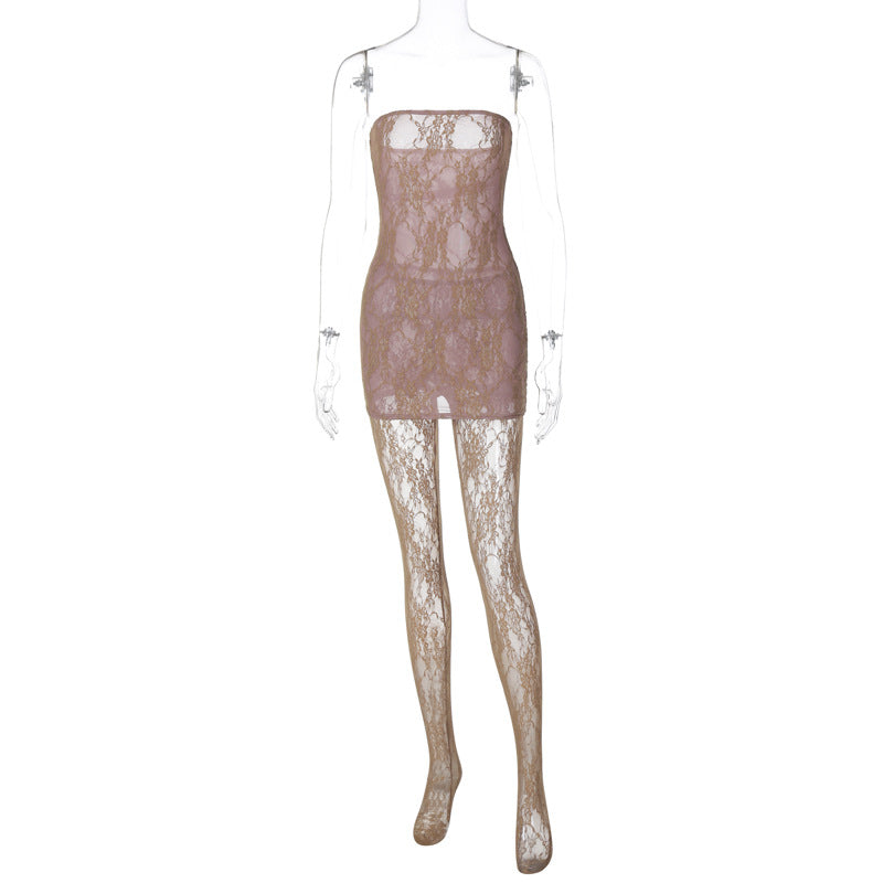 Lace Tights Women's Outfits Sexy Strapless Wrap Dress 2 Piece Sets Party Nightwear Leggings See-Through Sheer LingerieChristmas Gifts